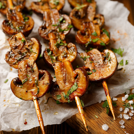 Salmon & Cremini Mushroom Skewers With Green Velvet Sauce