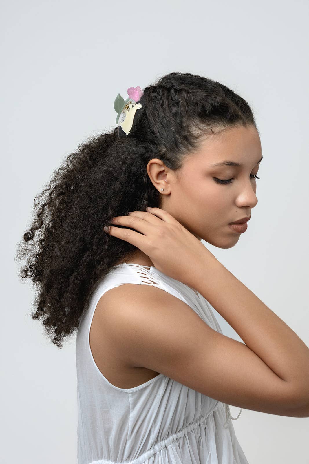 Cream Bunny Rabbit with Pink Peony Flower Acetate Hair Claw